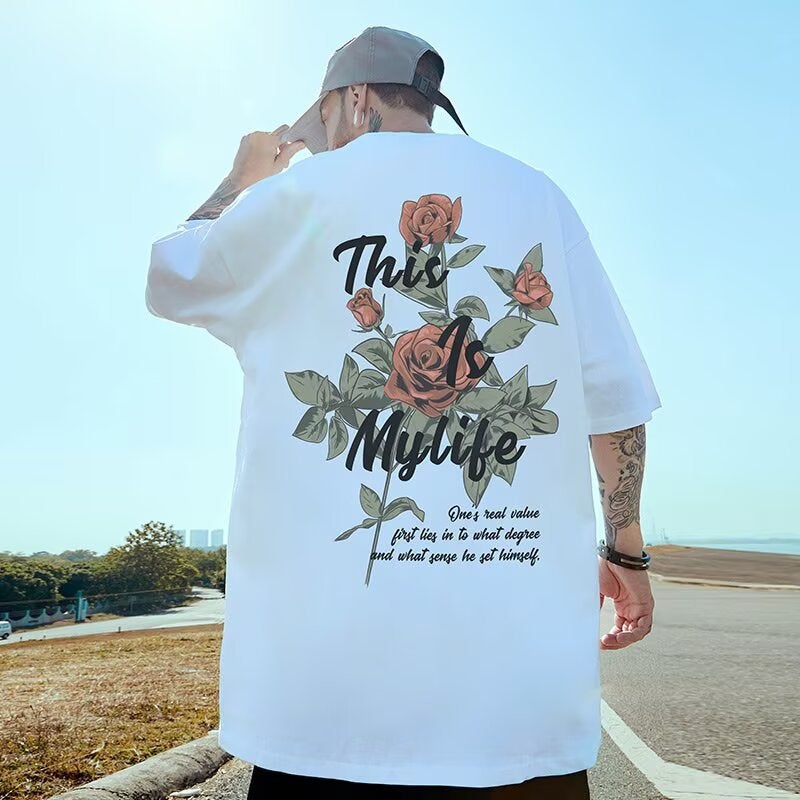Cross-Border Hip-Hop Casual Loose Short-Sleeved Men's Large Size Plus Fat Plus Size Pure Cotton Half-Sleeved T-Shirt Ins Trendyy Couple Wear - Image 3
