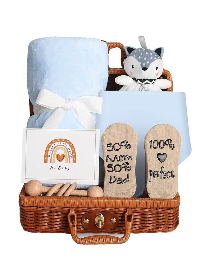 NNEWVANTE Baby Gift Basket, Newborn Gift Set with Baby Rattle, Newborn Baby Gift Set, Newborn Baby Gifts, Medium Baby Gift Basket Kit for Expecting Moms(BLUE) - Image 1
