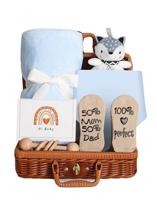 NNEWVANTE Baby Gift Basket, Newborn Gift Set with Baby Rattle, Newborn Baby Gift Set, Newborn Baby Gifts, Medium Baby Gift Basket Kit for Expecting Moms(BLUE)  - Image 1