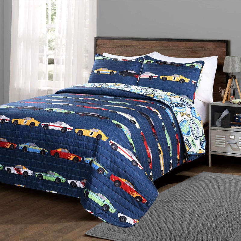 Lush Decor Lush Decor Race Car Kids 3Piece Quilt Bed Set Reversible Bedding Set for Boys Navy FullQueen 