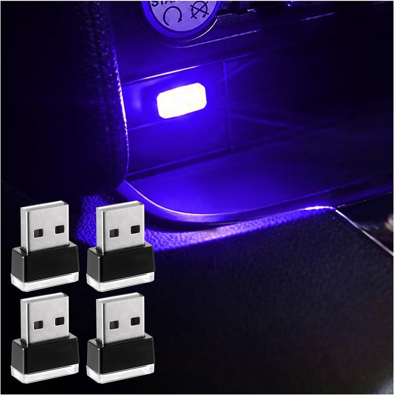 Augeny 4 قطع مصباح LED داخلي للسيارة بمنفذ USB، ضوء ليلي زخرفي قابس USB، مجموعة إضاءة محيطة محمولة للسيارة، إكسسوارات داخلية عالمية للسيارة لمعظم السيارات (أزرق) - Image 1