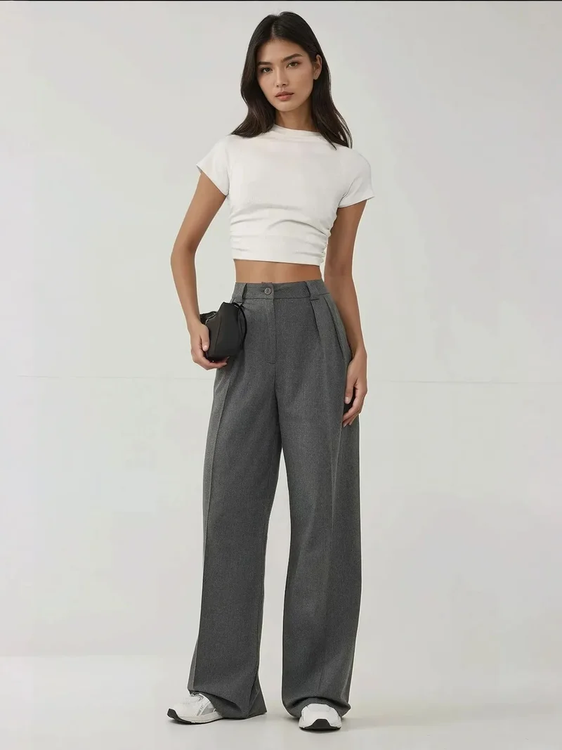 HICCUP Grey High Waist Palazzo Wide Leg Pants for Women | Best Price UAE