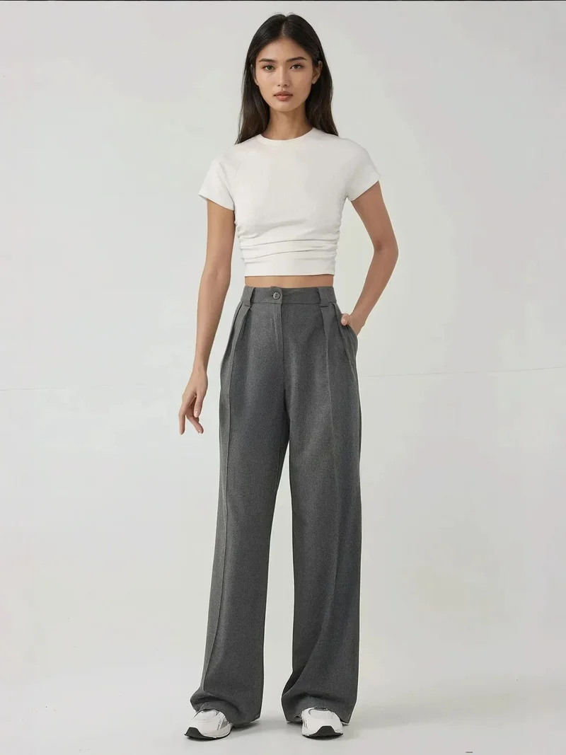 HICCUP Grey High Waist Palazzo Wide Leg Pants for Women | Best Price UAE