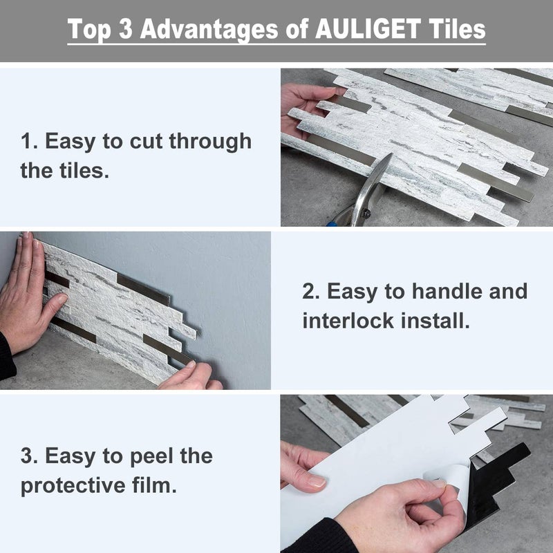 AULIGET 20 Sheets Faux Stone Peel and Stick Backsplash  Beige Marble Look PVC Wall Tiles Stick on Backsplash for Kitchen - Image 4
