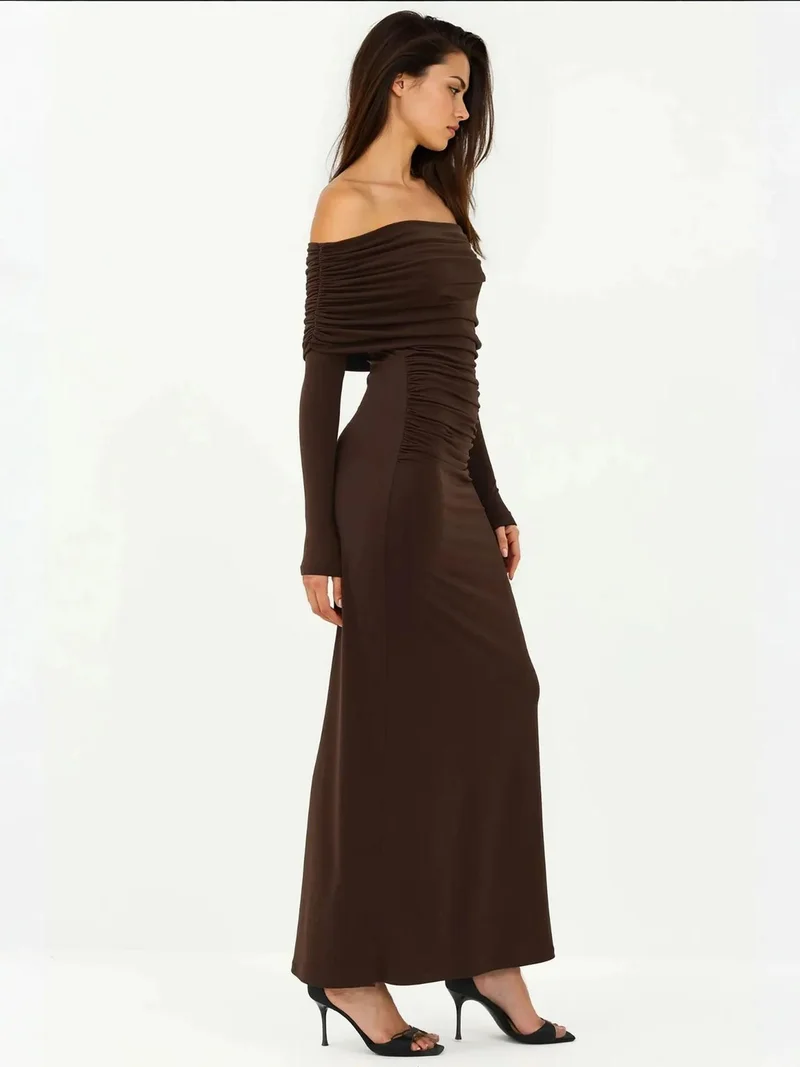 HICCUP Mocha Brown Off-Shoulder Bodycon Maxi Dress for Women | Best Price UAE