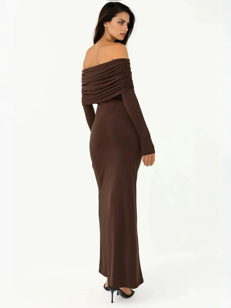 HICCUP Mocha Brown Off-Shoulder Bodycon Maxi Dress for Women | Best Price UAE