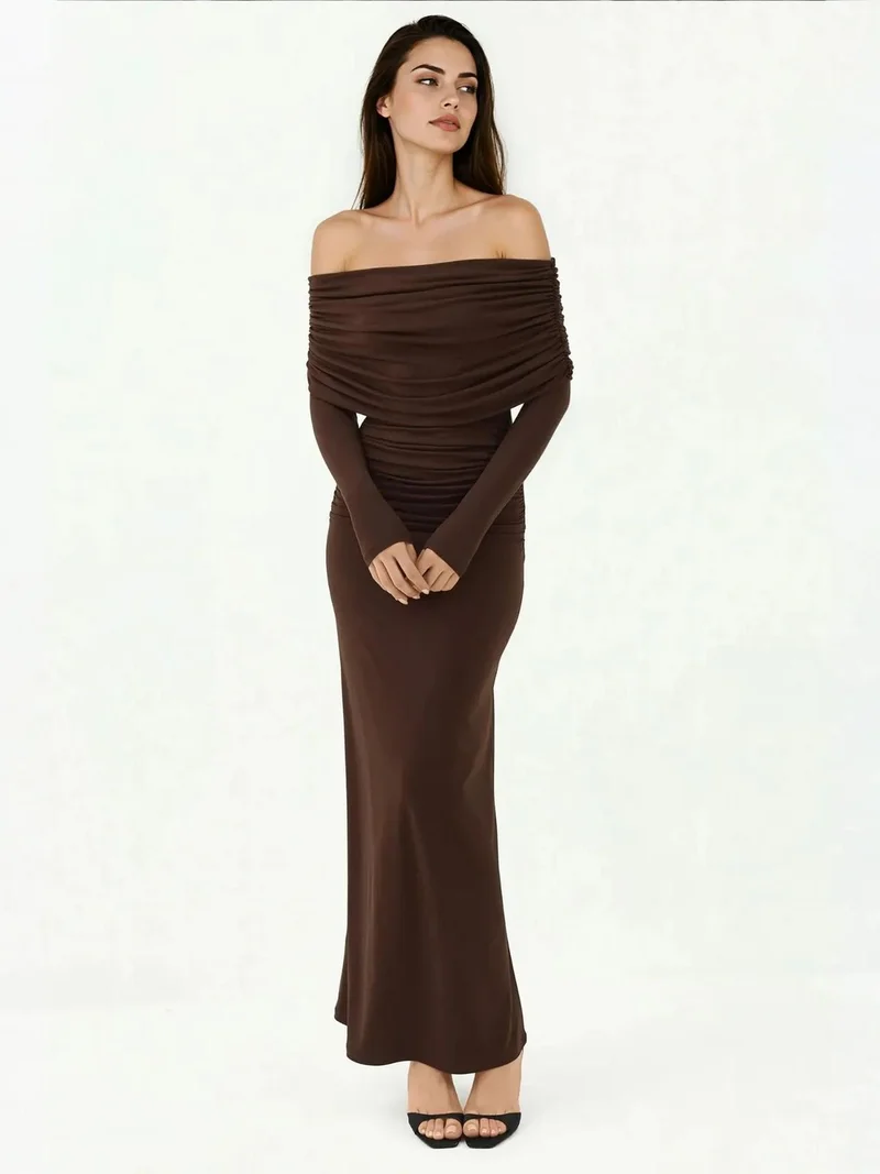 HICCUP Mocha Brown Off-Shoulder Bodycon Maxi Dress for Women | Best Price UAE