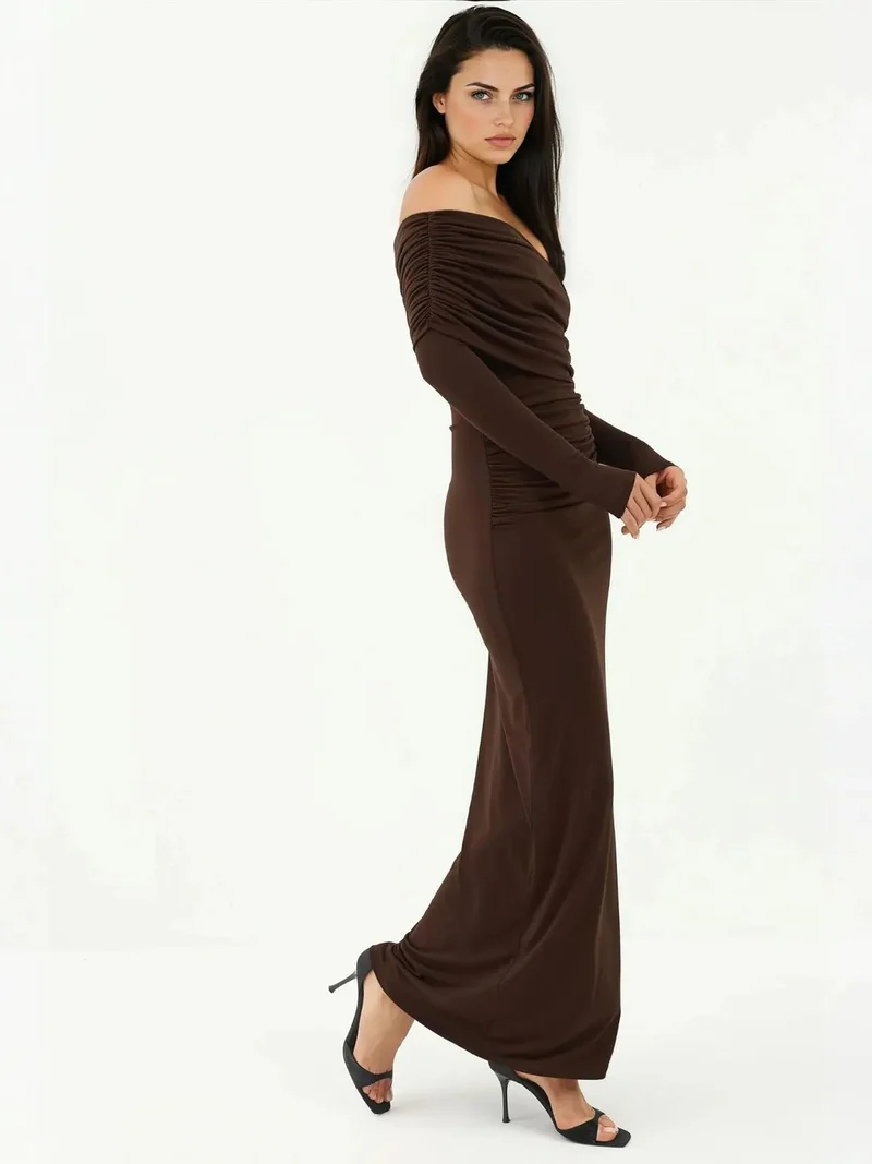 HICCUP Mocha Brown Off-Shoulder Bodycon Maxi Dress for Women | Best Price UAE