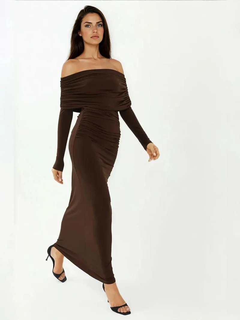 HICCUP Mocha Brown Off-Shoulder Bodycon Maxi Dress for Women | Best Price UAE