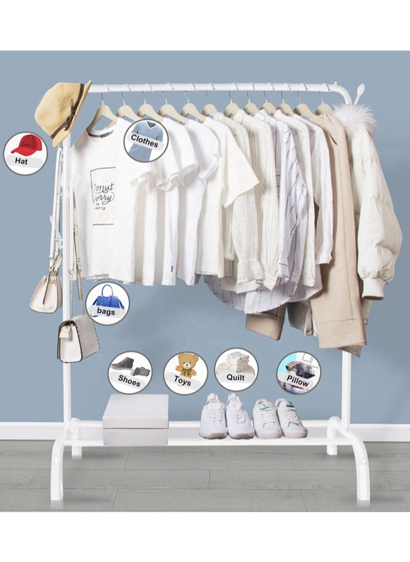 AGD - Multifunctional Single Pole Free Standing Clothes Rack Clothes Drying Rack Hanger Rack for Bedroom with Top Pole and Side Hooks and Bottom Storage Shelf (White) - Image 1