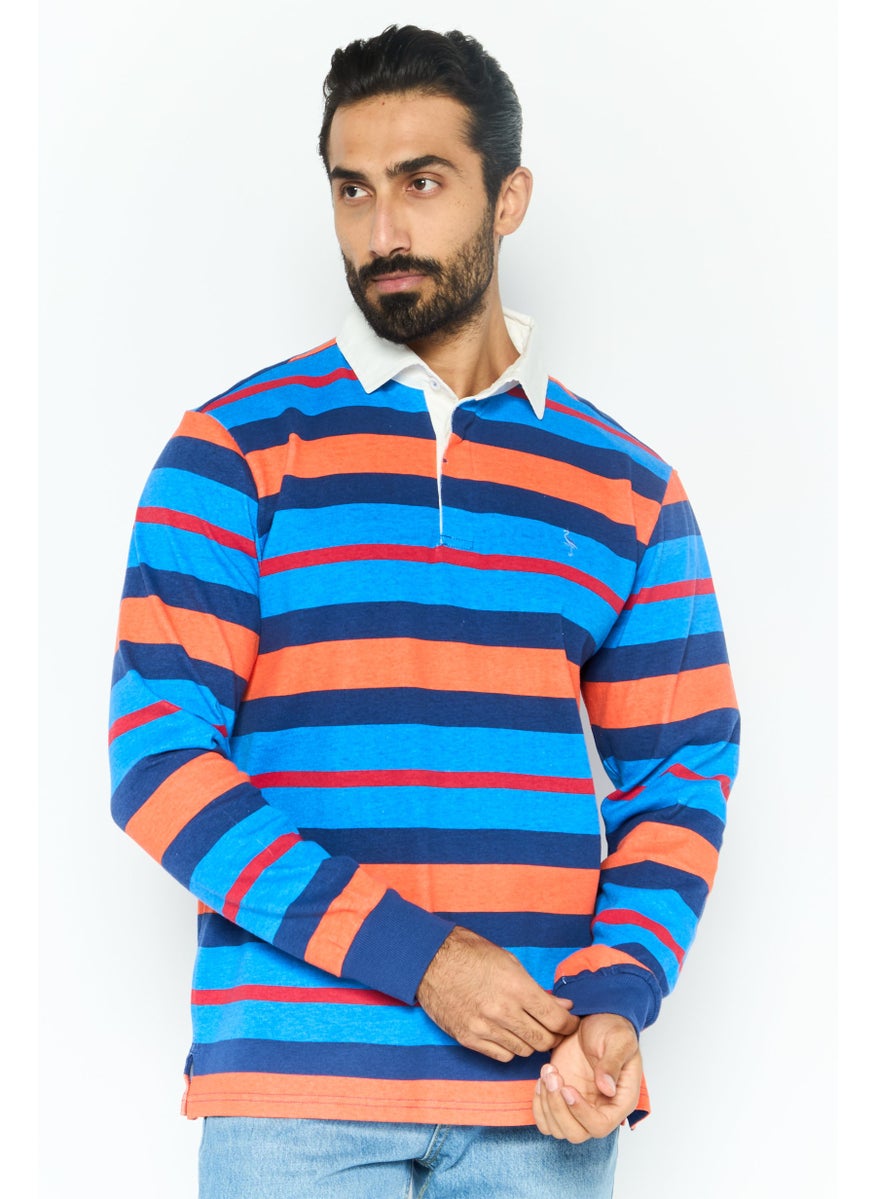 Tailorbyrd Men Regular Fit Stripe Long Sleeves Polo, Blue Combo  - Image 1
