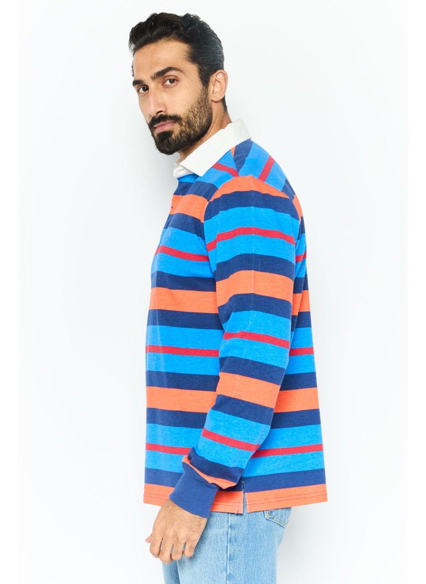 Tailorbyrd Men Regular Fit Stripe Long Sleeves Polo, Blue Combo  - Image 3