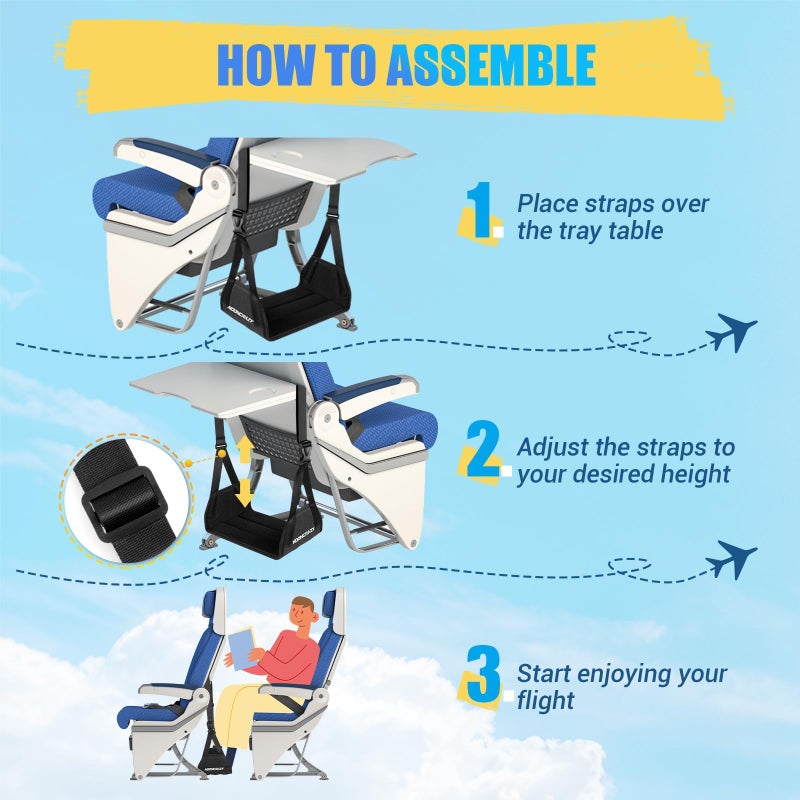 nooncrazy Airplane Foot Hammock, No Collapse Foot Rest for Plane Travel with Extended Adjustment Strap, Portable Desk Foot Hammock with Thickened Foam, Foot Sling Travel Essentials to Relax Your Feet(Black 2PC) - Image 4