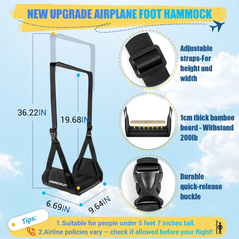 nooncrazy Airplane Foot Hammock, No Collapse Foot Rest for Plane Travel with Extended Adjustment Strap, Portable Desk Foot Hammock with Thickened Foam, Foot Sling Travel Essentials to Relax Your Feet(Black 2PC) - Image 2