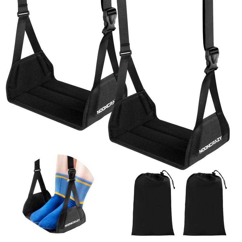 nooncrazy Airplane Foot Hammock, No Collapse Foot Rest for Plane Travel with Extended Adjustment Strap, Portable Desk Foot Hammock with Thickened Foam, Foot Sling Travel Essentials to Relax Your Feet(Black 2PC) - Image 1