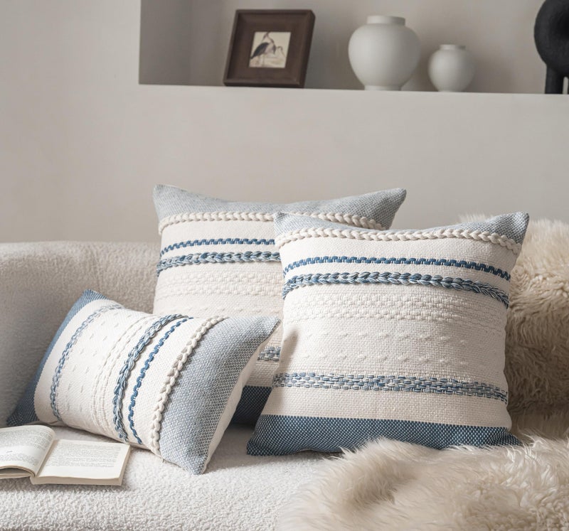 Cethom Boho Throw Pillow Covers 18x18 Inch Set of 2, Blue Textured Decorative Couch Pillow Cases for Farmhouse Home Decor, Accent Cushion Cover for Sofa, Bed, Living Room, Bedroom - Image 2