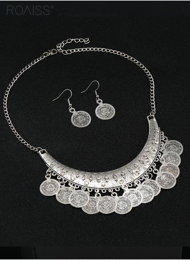 roaiss - 2 Pieces of Vintage Jewelry Antique Gold Coin Collar Chain Ethnic Romance Tassels Necklace Earrings Set - Image 1
