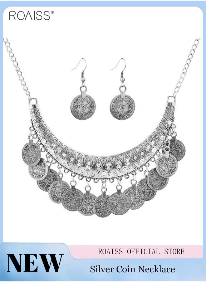 roaiss - 2 Pieces of Vintage Jewelry Antique Gold Coin Collar Chain Ethnic Romance Tassels Necklace Earrings Set - Image 1