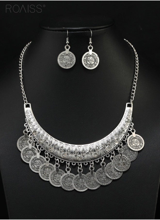 roaiss - 2 Pieces of Vintage Jewelry Antique Gold Coin Collar Chain Ethnic Romance Tassels Necklace Earrings Set - Image 1