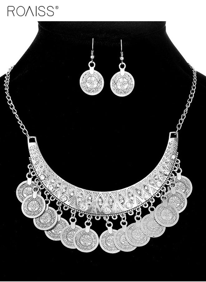 roaiss - 2 Pieces of Vintage Jewelry Antique Gold Coin Collar Chain Ethnic Romance Tassels Necklace Earrings Set - Image 1