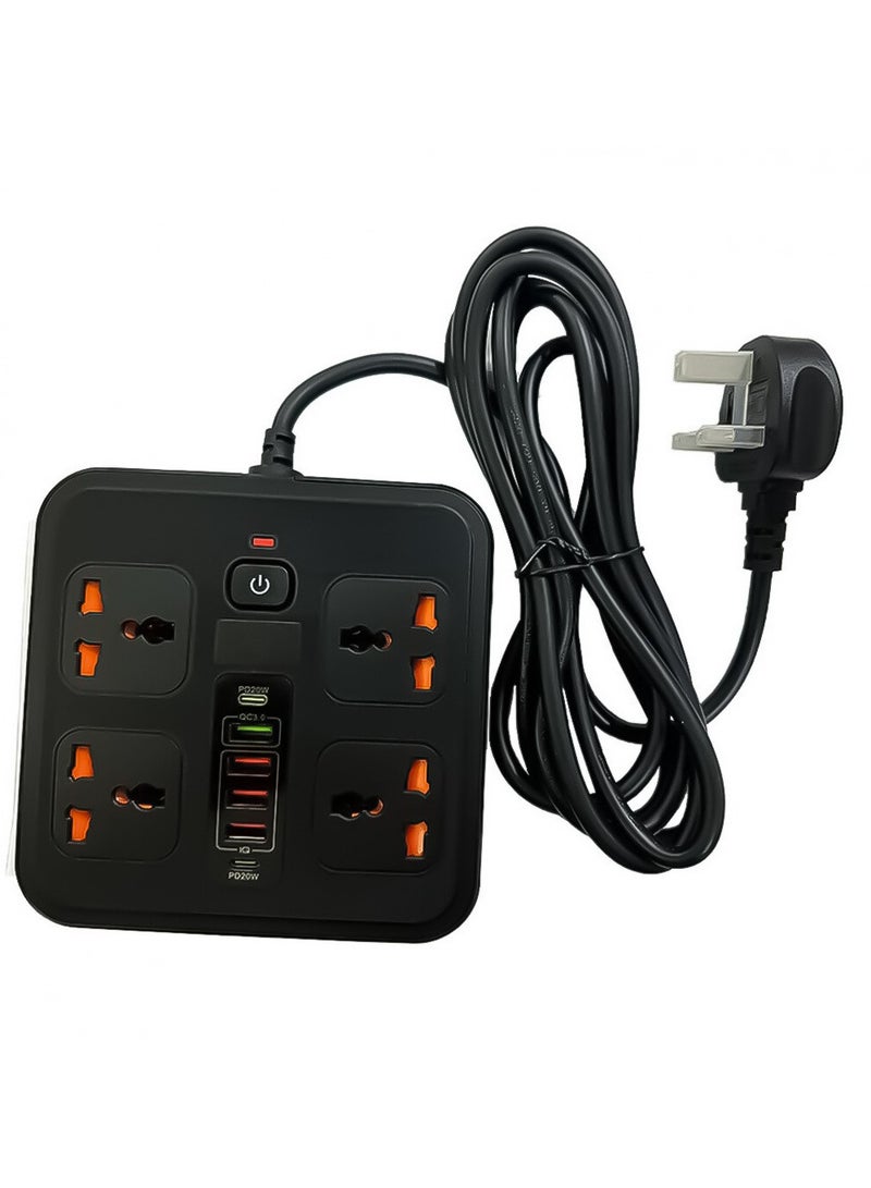 3000W 3USB-A 2Type-C and 4AC Multiport Socket with UK Plug, 3m Cable, 13A, 4 Sockets, 6 USB Ports, 20W Type-C PD, 40W Total USB Output, Porodo - Black