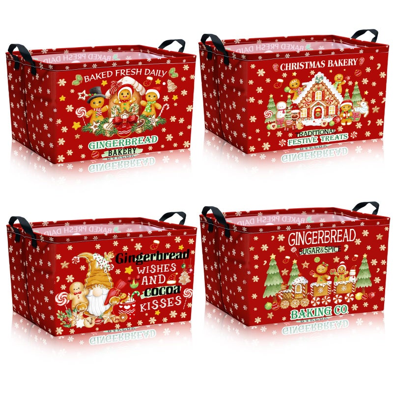 Bulyoou 4pcs Christmas Storage Basket Fabric Laundry Baskets with Handle Xmas Foldable Organizer Boxes for Office Home Baby Cloth Toy Book 15 x 10 x 8Gingerbread Man - Image 2