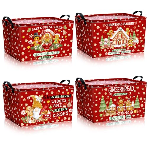Bulyoou 4pcs Christmas Storage Basket Fabric Laundry Baskets with Handle Xmas Foldable Organizer Boxes for Office Home Baby Cloth Toy Book 15 x 10 x 8Gingerbread Man - Image 1