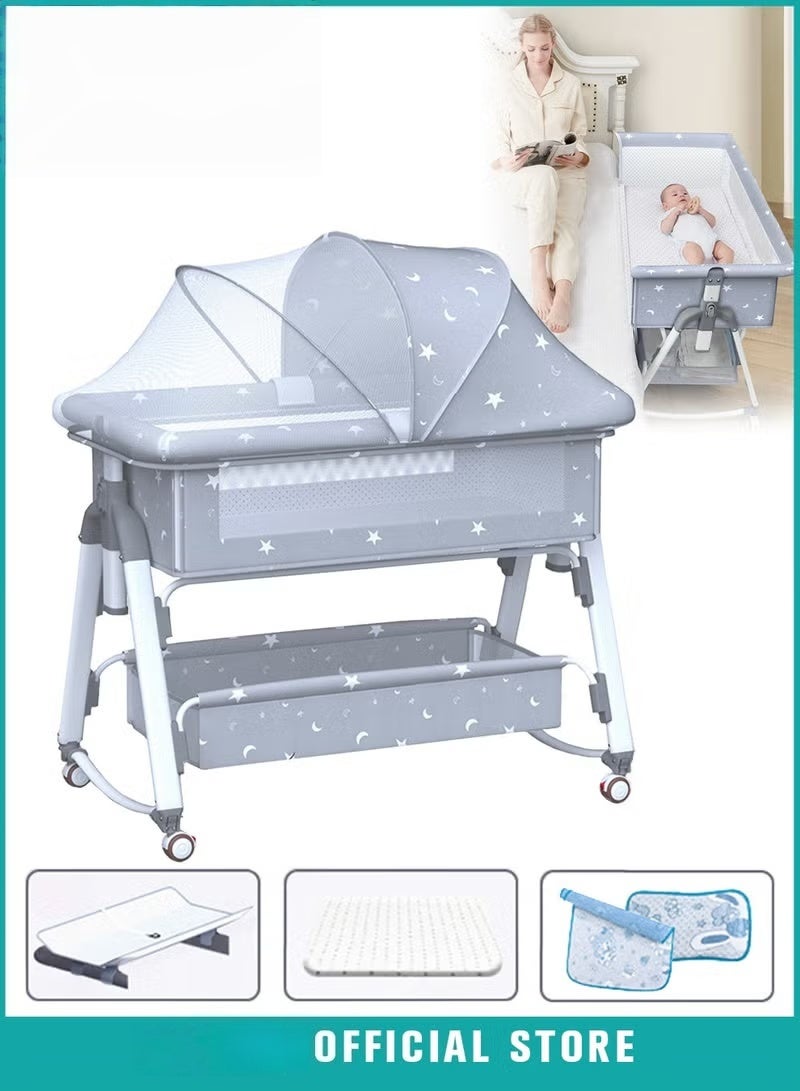 هوكور 7PCS سرير جنب السرير للأطفال ، سرير الأطفال مع عجلات 360 درجة ، حوض قابل للطي المحمول للرضع حديثي الولادة ، سرير الحضانة مع شبكة البعوض ، حصيرة ، سلة ، مبرد ، وسادة ، محطة تغيير الحفاضات - Image 1