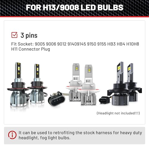RED WOLF محول مصباح أمامي H13 9008 من RED WOLF 3 دبابيس أنثوية ، محول مصباح ضباب عالمي يناسب فورد شيفروليه جيب دودج نيسان ، موصل سلكي لمصباح الرأس 2 قطعة - Image 4