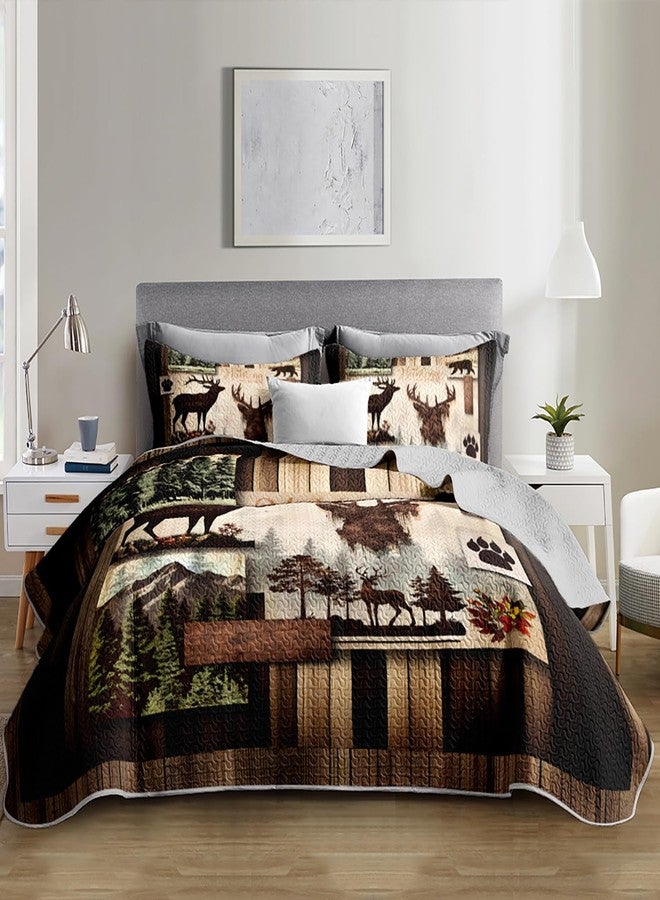 UEVBF King Size Rustic Cabin Quilt Set,Camo Deer Bear Retro Bedding Sets for Hunting Room Decor,Brown Hunting Themed Plaid Patchwork Bedding Quilts with 2 Pillowcases. - Image 1