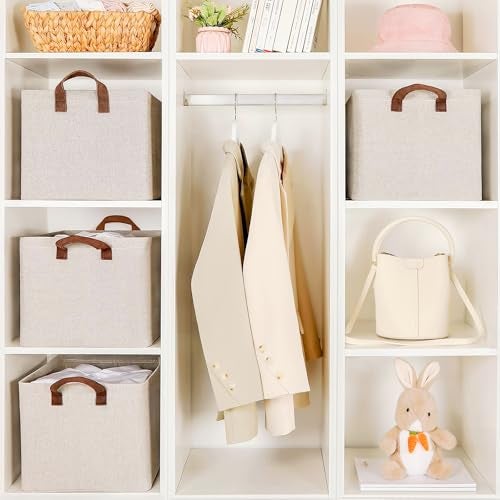Yellow Weaves 4 Pcs Wardrobe Organizer for Clothes, Foldable Clothes Storage Baskets for Wardrobe, Toys, Books, Saree, Shirts, and Blankets Storage Box with Handles - Beige - Image 4
