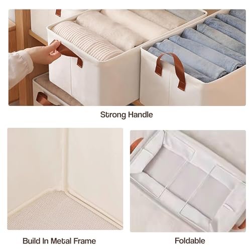 Yellow Weaves 4 Pcs Wardrobe Organizer for Clothes, Foldable Clothes Storage Baskets for Wardrobe, Toys, Books, Saree, Shirts, and Blankets Storage Box with Handles - Beige - Image 3