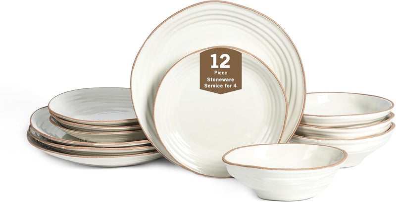 Stone Lain Nami 12Piece Dinnerware  Stoneware Plates and Bowls Set Microwave and Dishwasher Safe Dish for 4 White - Image 1