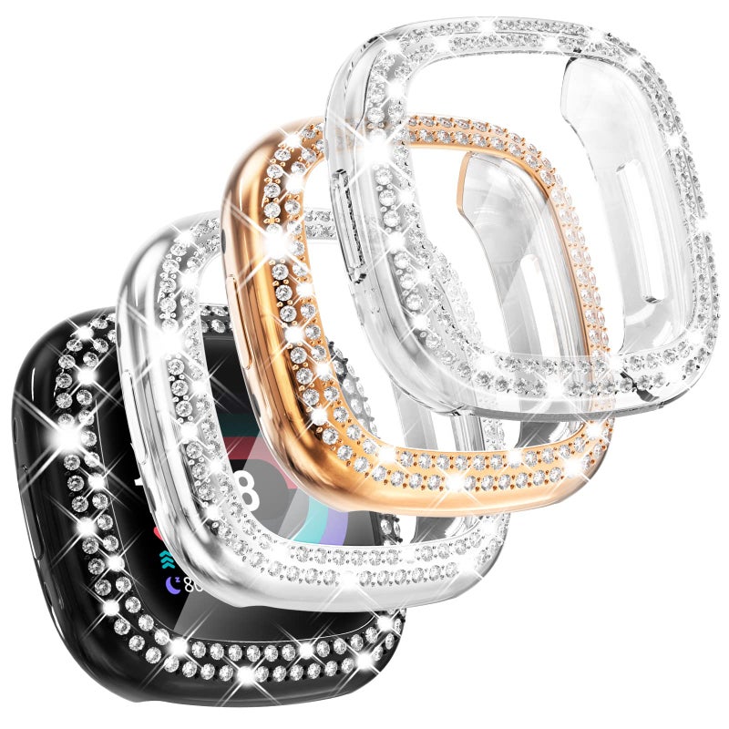 CHANCHY 4 Pack Compatible with Fitbit Versa 4 Screen Protector Case, Soft TPU Full Protective Case Cover Bumper Bling Crystal Diamond Frame for Fitbit Versa 4 Smart Watch, Rose Gold/Clear/Silver/Black - Image 1