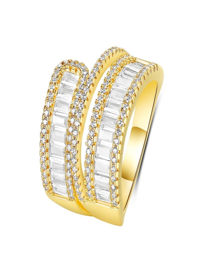 MDFUN 18K Yellow Gold Plated Engagement Promise Wedding Eternity Ring for Women, 2 Rows Emerald Cut Cubic Zirconia Halo Rings Size 5 - Image 1