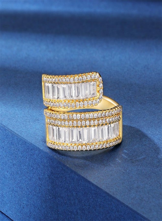 MDFUN 18K Yellow Gold Plated Engagement Promise Wedding Eternity Ring for Women, 2 Rows Emerald Cut Cubic Zirconia Halo Rings Size 5 - Image 3