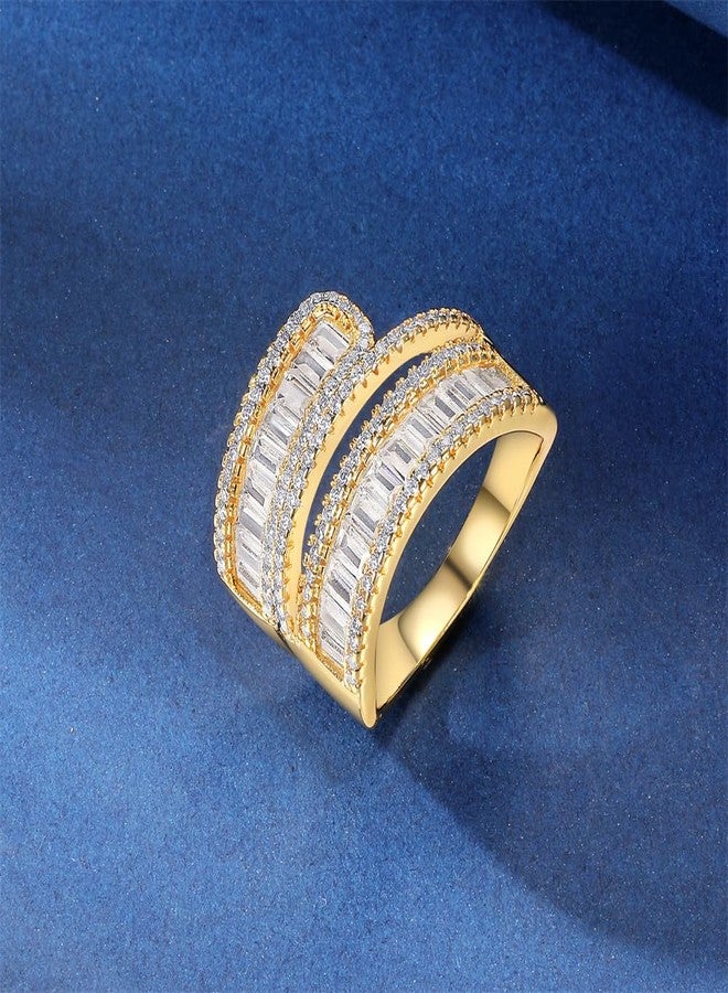 MDFUN 18K Yellow Gold Plated Engagement Promise Wedding Eternity Ring for Women, 2 Rows Emerald Cut Cubic Zirconia Halo Rings Size 5 - Image 5