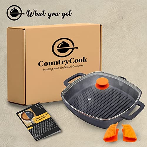 CountryCook Pre-Seasoned Cast Iron Grill Pan/Griddle | Tempered Glass Lid 26cms, 3kg Heavy Duty | Gas & Induction Friendly Loha | Barbeque, Sandwich Maker, Tandoori Non Toxic, Enamel/Coating Free - Image 3