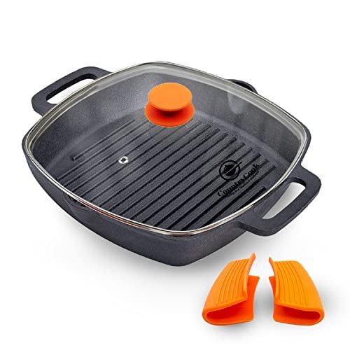 CountryCook Pre-Seasoned Cast Iron Grill Pan/Griddle | Tempered Glass Lid 26cms, 3kg Heavy Duty | Gas & Induction Friendly Loha | Barbeque, Sandwich Maker, Tandoori Non Toxic, Enamel/Coating Free - Image 1