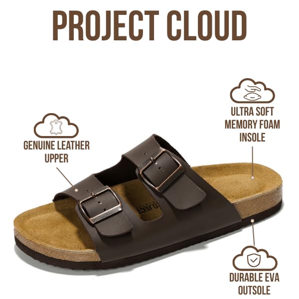 Project Cloud Genuine Leather Mens Sandals with Memory Foam Natural Cork Footbed Slides for Men Footwear - Non-Slip Double-Strap Buckle Summer Sandals (Arizona,BRWNLEA,8) - Image 2