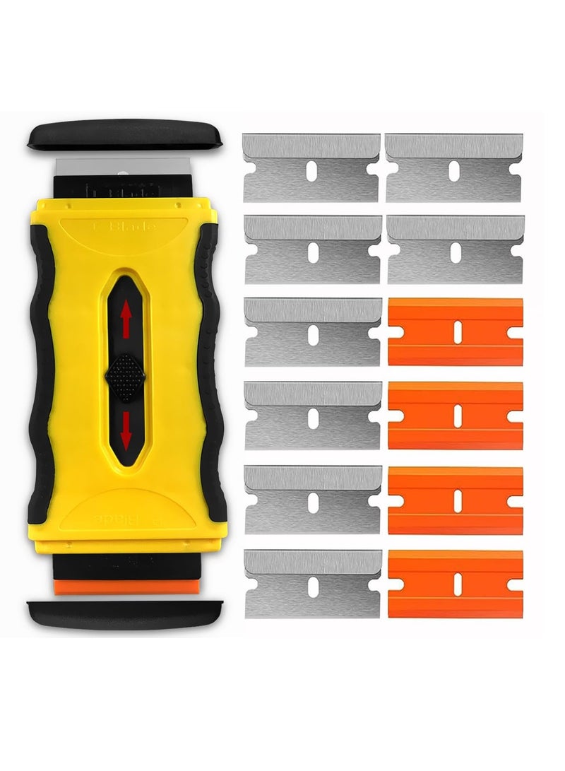 KASTWAVE Razor Blade Scraper Tool with 14Pcs Blades, Retractable Double Sided Scraper with Safety Cap, Cleaning Razor Scraper for Removing Stickers Labels Decals Paint Glue from Glass Cooktop - Image 1