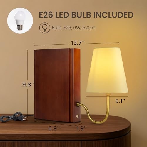 AELS Wooden Bookshelf Lamp with Bulb 3Color Touch Control Dimmable Table Lamp with Linen Shade Modern Decorative Bookend Lamp for Bedroom Office Bookshelf Decor Dark Brown - Image 3