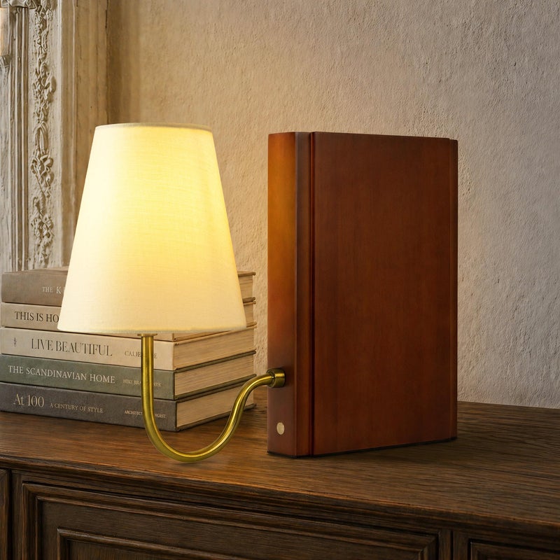AELS Wooden Bookshelf Lamp with Bulb 3Color Touch Control Dimmable Table Lamp with Linen Shade Modern Decorative Bookend Lamp for Bedroom Office Bookshelf Decor Dark Brown - Image 2