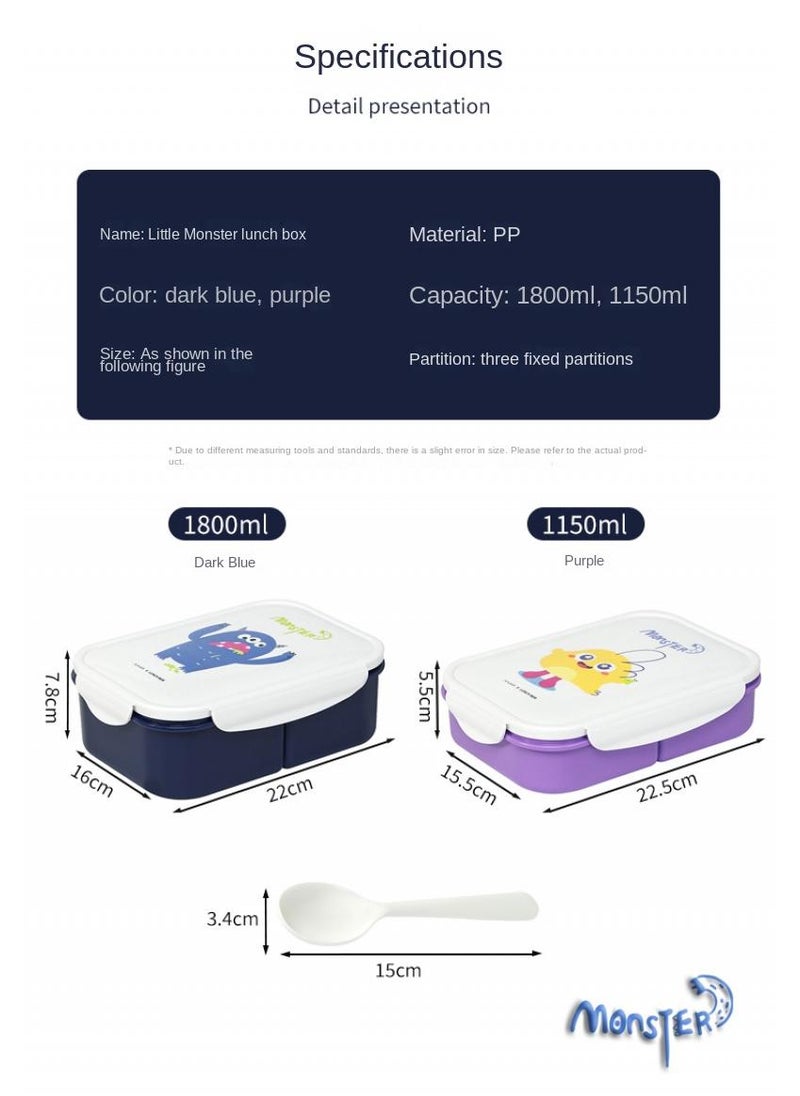 Monster - Lunch box 3 compartments with spoon 1150ML dark blue - Image 1