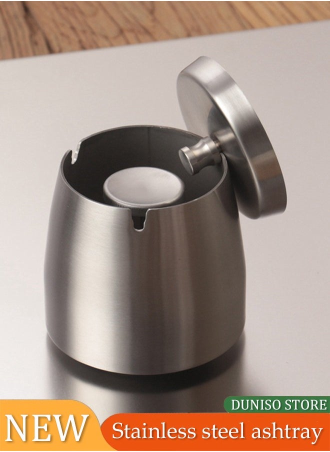 DUNISO Stainless steel ashtray,windproof and anti odor ashtray, anti drop ashtray with lid，suitable for terraces, homes, offices, living rooms, 6.5 * 9.7 * 8cm, silver  - Image 1