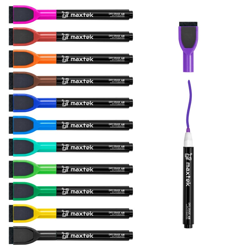 maxtek Magnetic Whiteboard Markers - 12 Count Colorful Fine Tip Dry Erase Markers with Eraser for Kids, Low Odor Thin Markers for Calendar Boards - Image 1