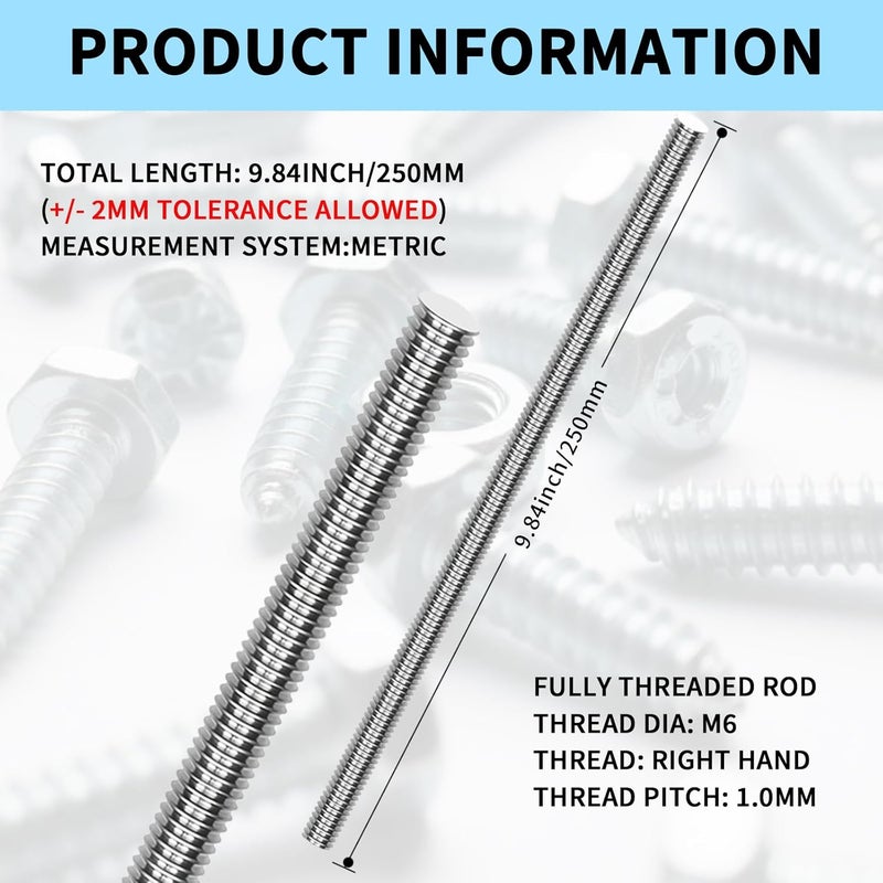 MCSDFN 5 Pcs M6-1.0 Fully Threaded Rods 304 Stainless Steel Threads Studs Rods Long Threaded Screw Right Hand Threads, 250mm Length - Image 2