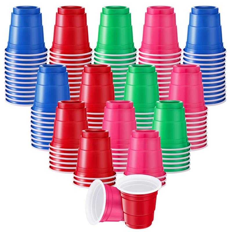 Lounsweer Lounsweer 200 Pcs 2 oz Plastic Shot Glasses Disposable Shot Cups Colored Mini Summer Party Cups for Drinking Tasting Serving Snacks Samples Birthday Party Supplies Red Pink Green Blue 