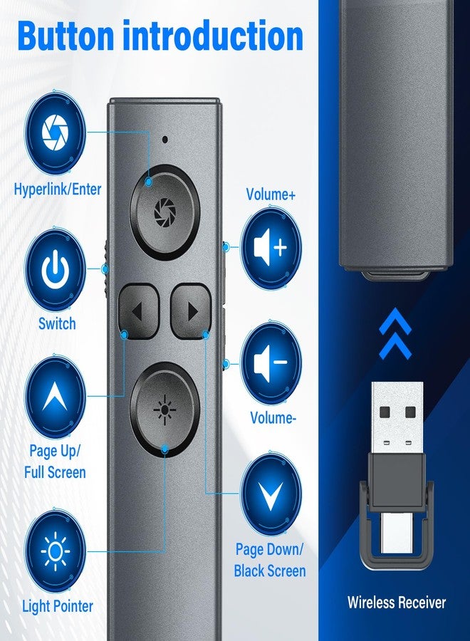 جهاز تحكم عن بعد لاسلكي قابل لإعادة الشحن، ثنائي الوظائف (2 في 1) يعمل بمنفذ USB من النوع C، يُستخدم لعرض العروض التقديمية باستخدام برنامج PowerPoint، بالإضافة إلى مؤشر لتحريك الشرائح مع التحكم في مستوى الصوت، متوافق مع أجهزة Mac والكمبيوتر الشخصي وبرنامج PowerPoint. - Image 2