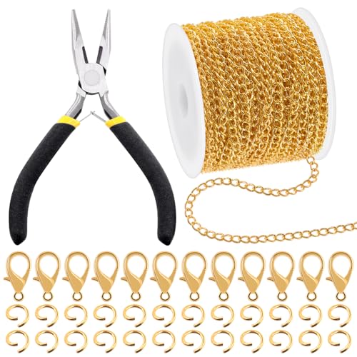 Mardatt 102Pcs Jewelry Making Kit, 10 Yards Necklace Chains with 50Pcs Open Jump Rings, 50Pcs Lobster Clasps, Chain Nose Pliers for DIY Necklace Bracelet Jewelry Making (Gold) - Image 1